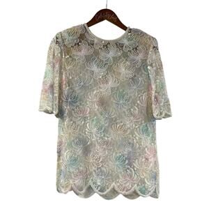 SCALA Pastel Lace Sequin Floral Top Beaded Medium Semi Sheer Rayon